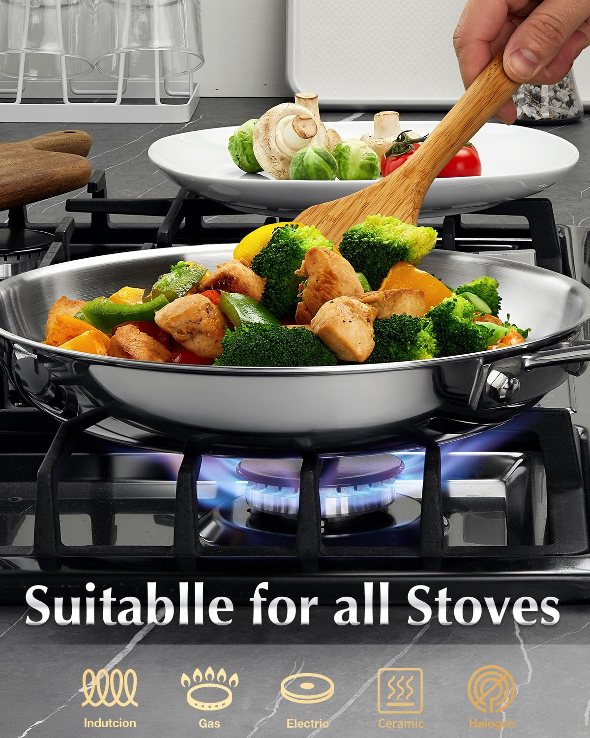 KOCH SYSTEME CS Tri-Ply Clad Stainless Steel Pan, Premium 18/10 Stainless Steel Frying Pan, Professional Induction Skillet, Dishwasher & Oven Safe, Non-Toxic (30cm/12in)