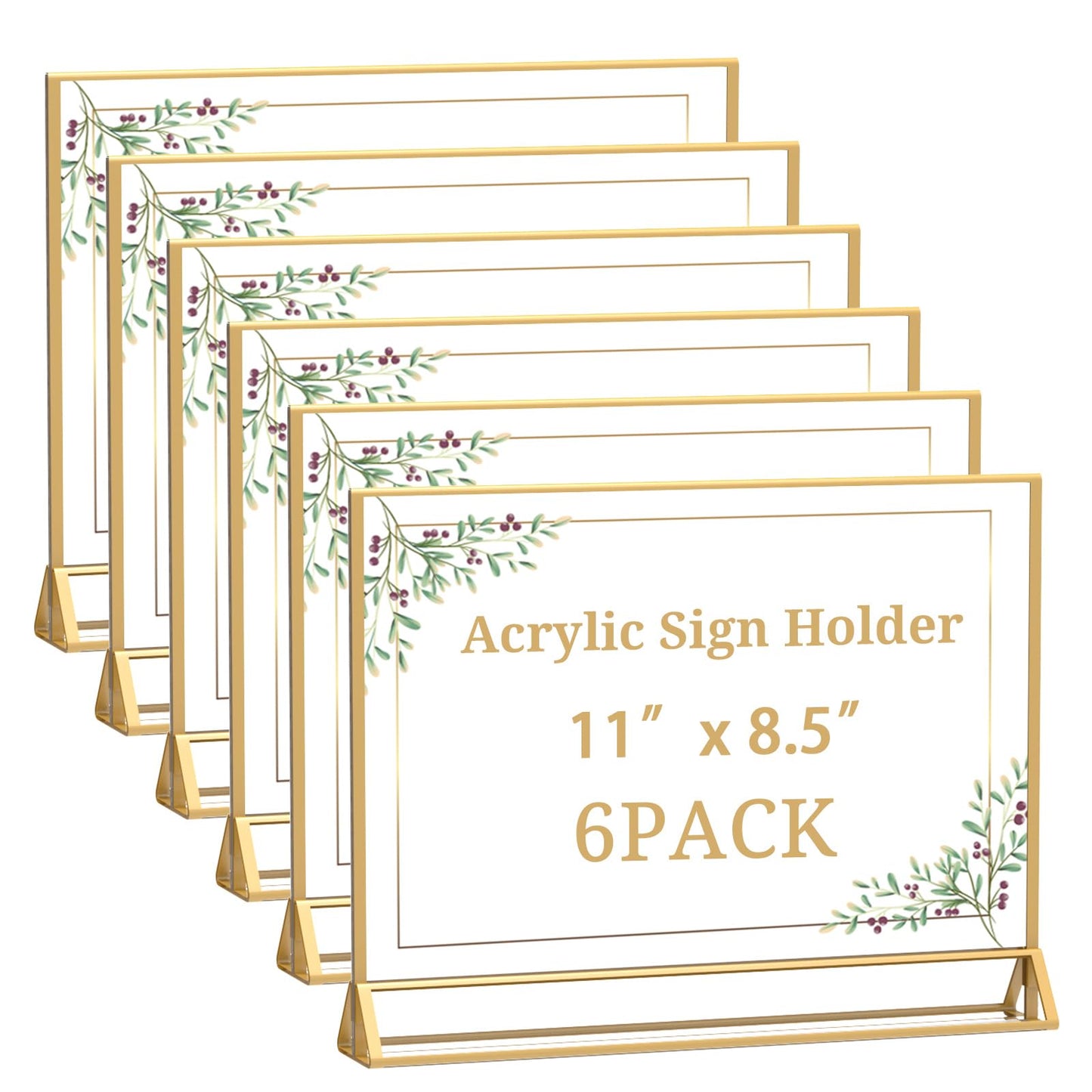 PPH-Sisy Clear Acrylic Sign Holder 11x 8.5 Horizontal Double Sided Gold Frame Flyer Holder for Wedding Table Number Menu Holder (6pcs)