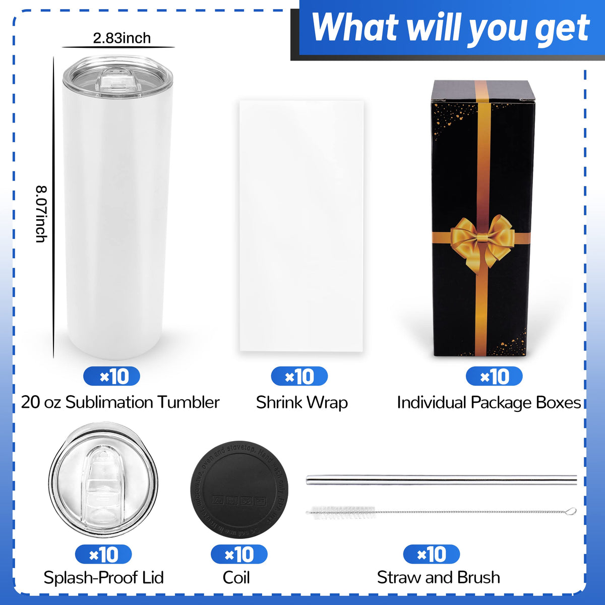 Joyclub 20 oz 10 Pack Skinny Straight Stainless Steel Insulated Tumblers with Lid and Straw, Gift Box