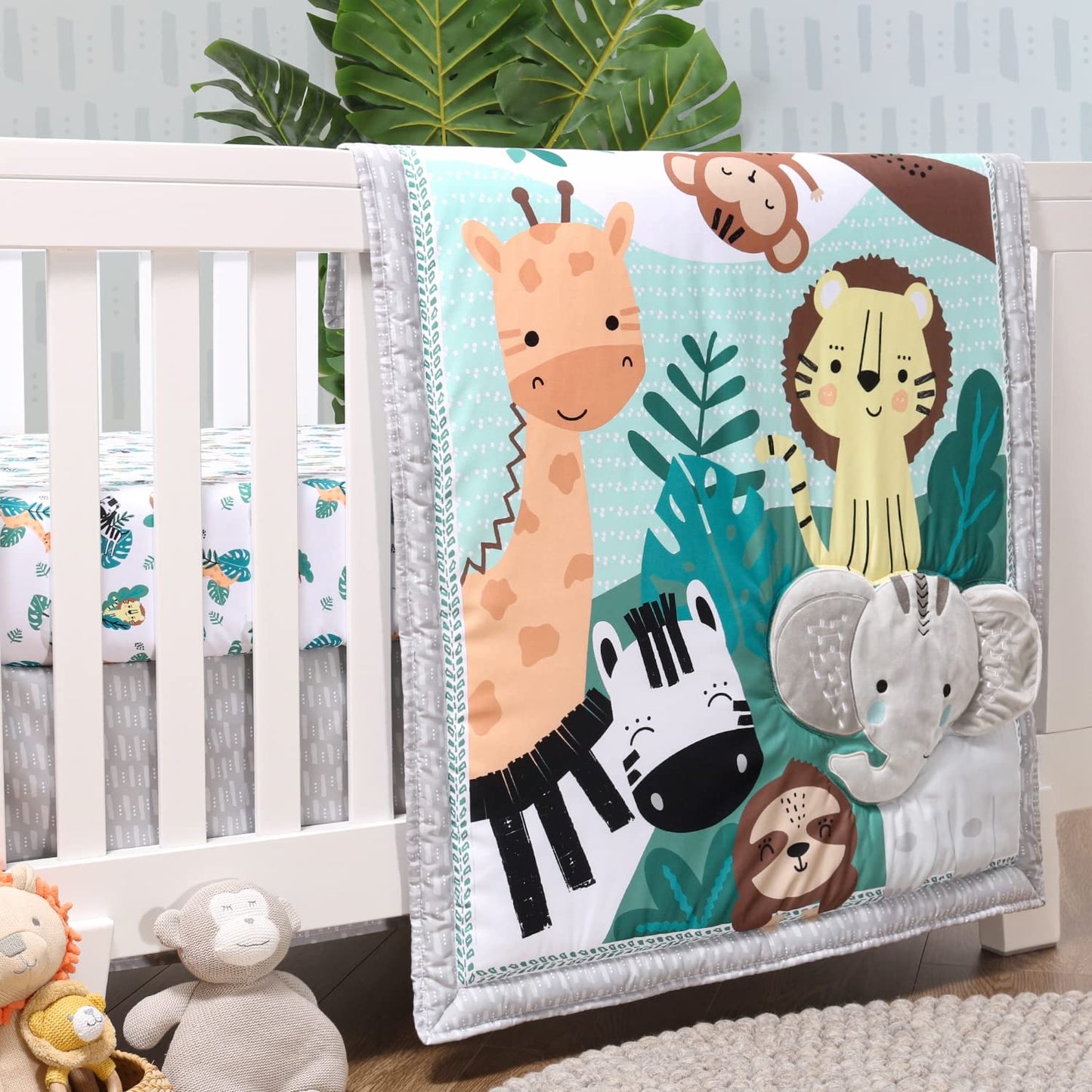 The Peanutshell 3 Piece Baby Crib Bedding Set for Boys & Girls - Newborn, Infant & Toddler Nursery Bed Set Decor with Fitted Crib Sheet, Dust Ruffle Comforter - Safari Adventures