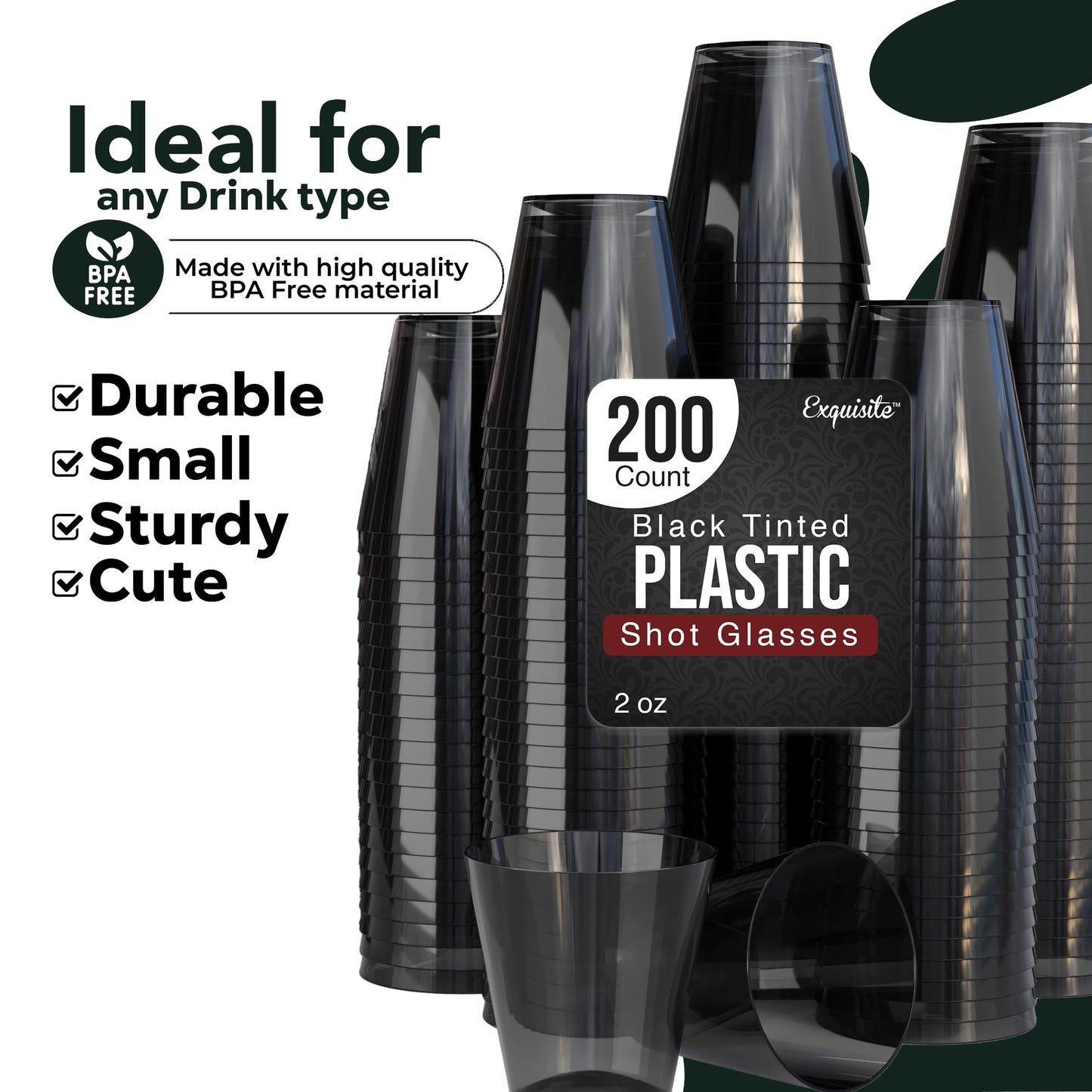 Exquisite Plastic Shot Glasses - 200 Count 2 Oz Smokey Dark Tinted Black Cups - Perfect Party Supplies for Cool and Cute Disposable Shots
