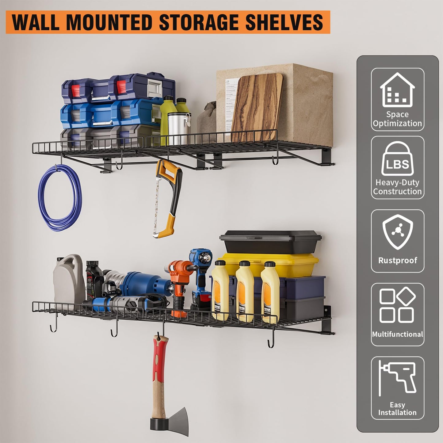 Foldable Wall Shelf, 4 Pack Wall Mounted Garage Storage Shelves, Heavy Duty Metal Floating Shelves with 8 Hooks, 180 LBS Capacity, for Office, Kitchen and Laundry Room