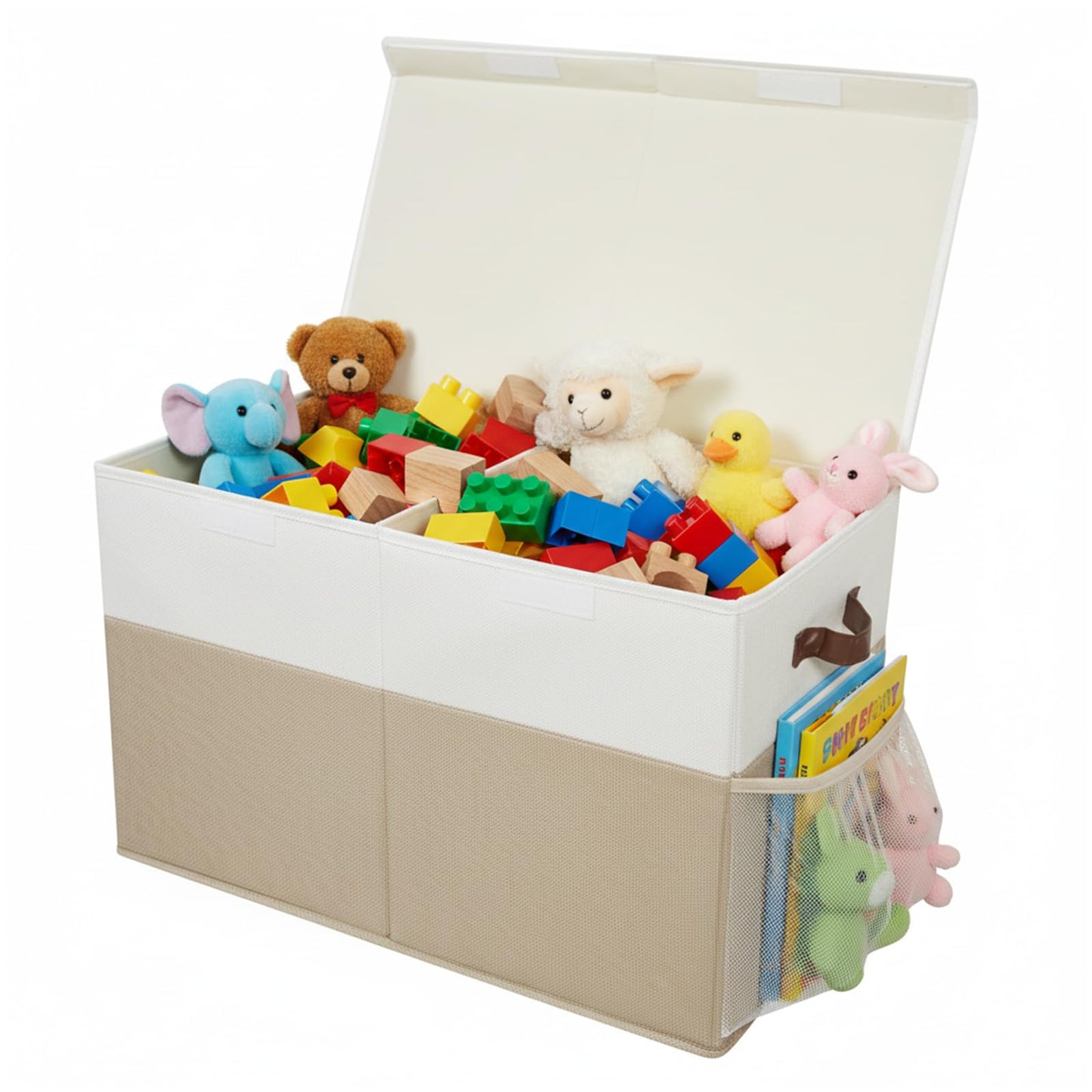 LIWEGHT Large Toy Storage Box with Lid Collapsible Sturdy Baby Toy Storage Rganizer Chest Bins with Divider for Kids,Nursery,Bedroom,Boys, Girls,Playroom,25"x13"x16" (Beige&White)