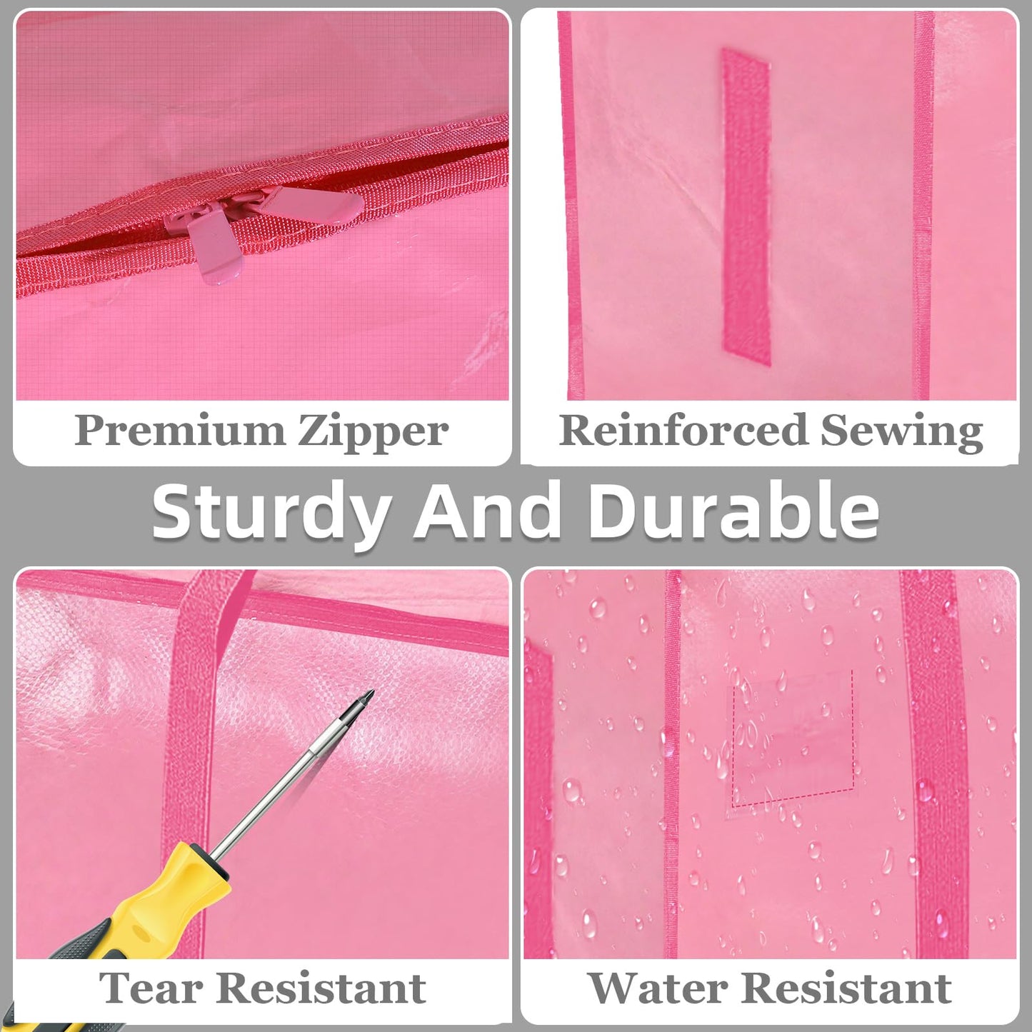Extra Large Heavy Duty Moving Bags - Waterproof Storage Totes with Reinforced Handles & Zippers, Foldable for College Dorm Essentials, Clothes Storage & Travel (6-Pack Pink)