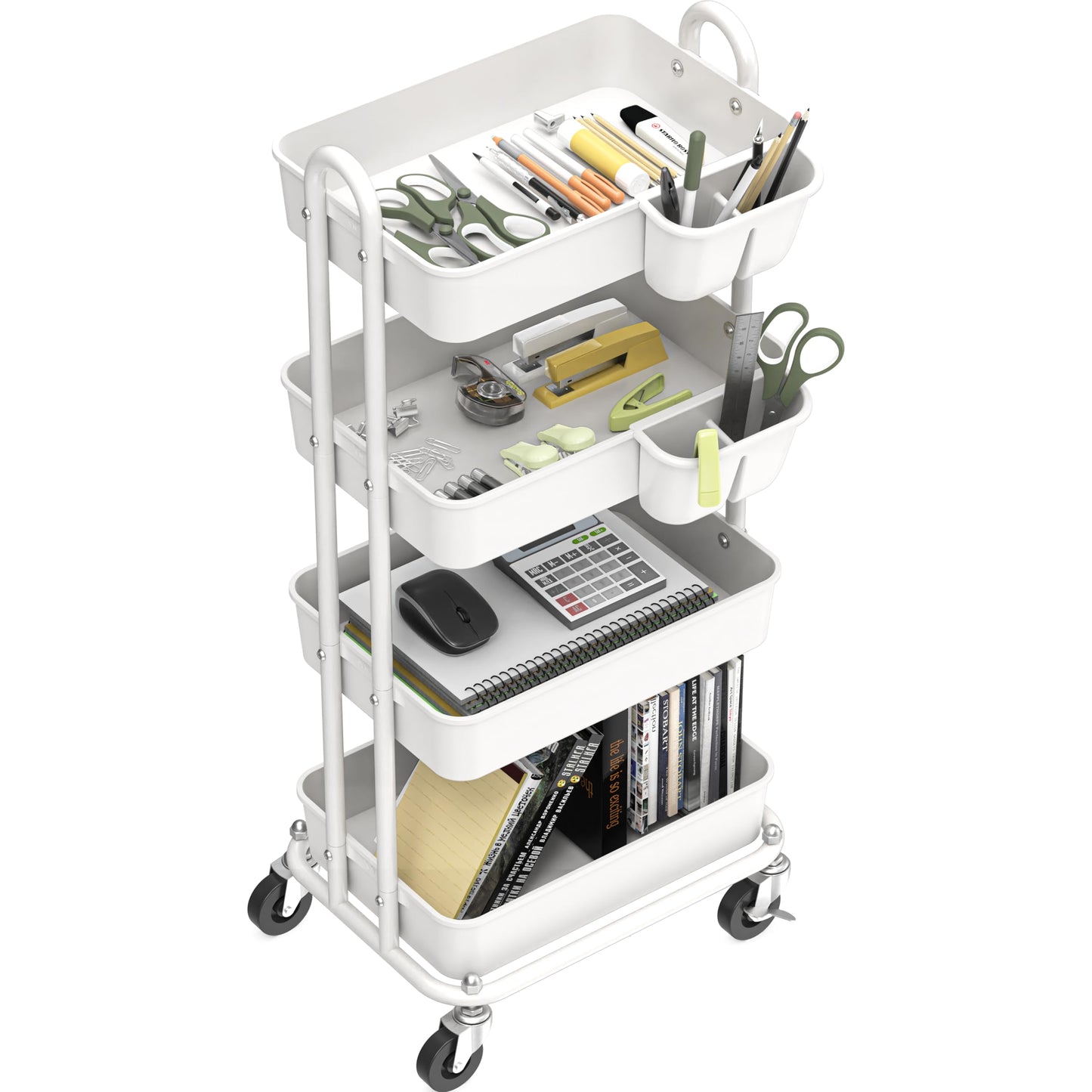 Simple Houseware 4-Tier Rolling Utility Cart with Hanging Buckets, White