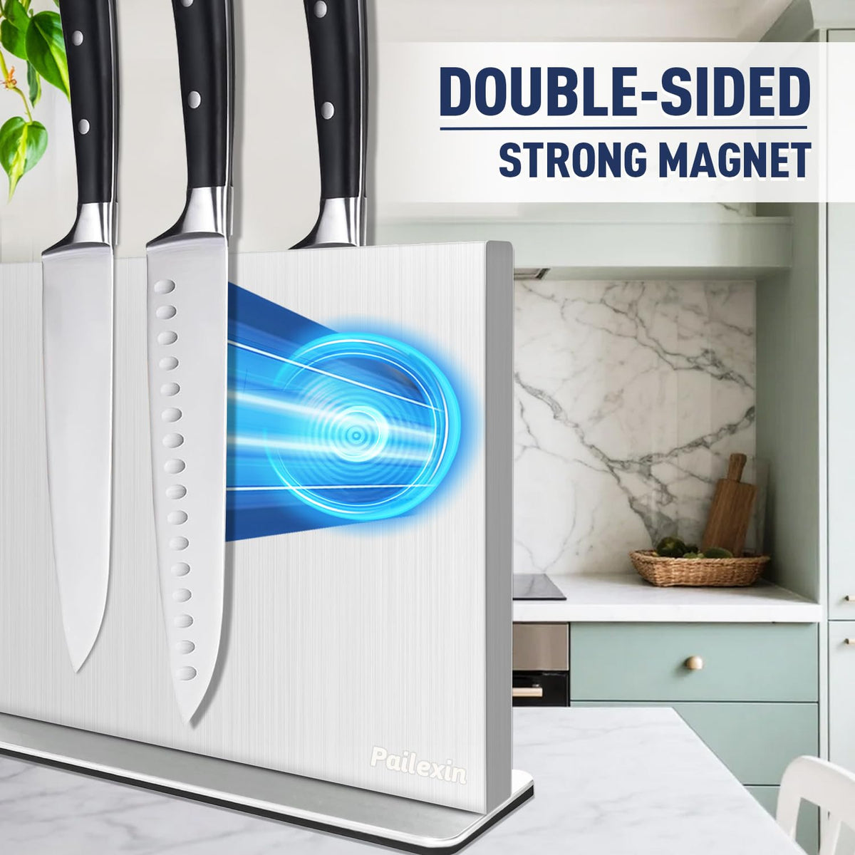 Pailexin Magnetic Knife Block Without Knives— Stainless Steel Double-Sided Magnetic Knife Holder Stand with Strong Magnets, Knife Storage Organizer for Kitchen Counter top, 16 inch