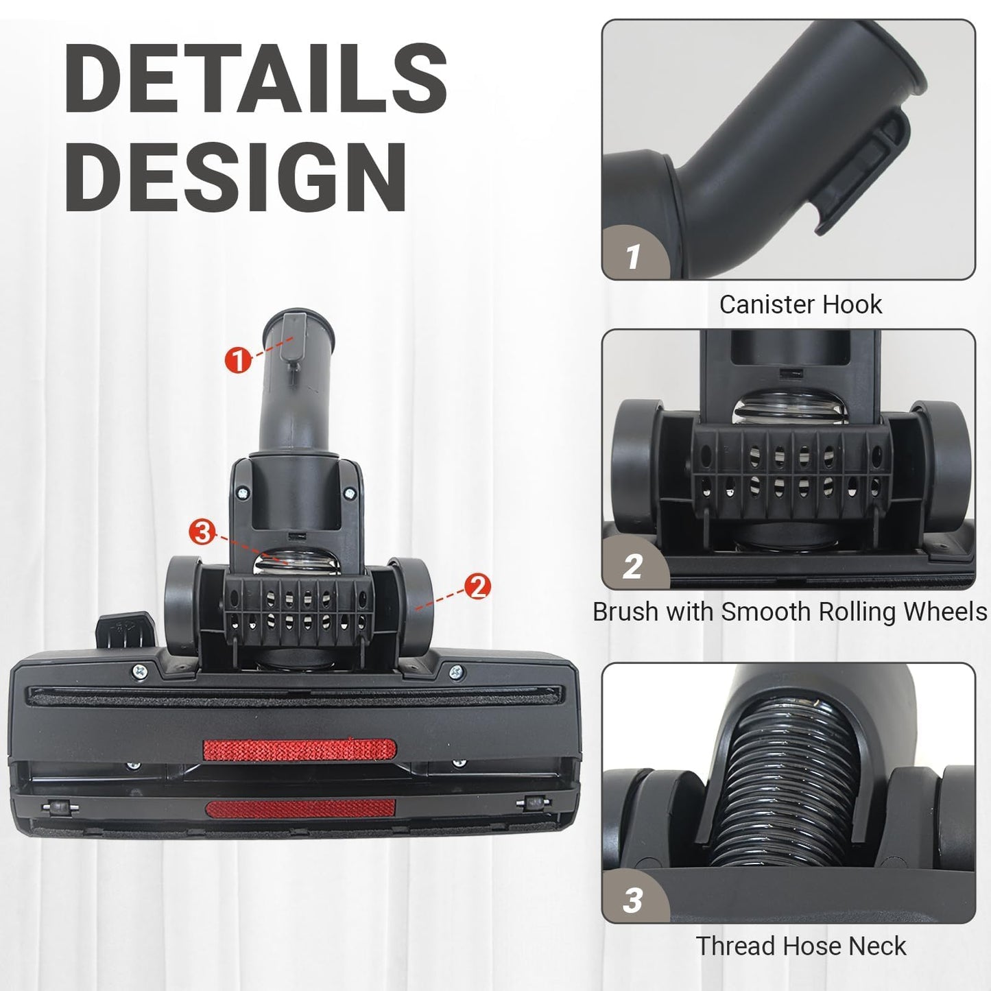EZ SPARES Universal Vacuum Cleaner Floor Brush Head,32/35mm Attachment for Hard Floor and Carpet, 2-in-1 Combo Tool with Swivel Neck and Rolling Wheels, Vacuum Replacement Parts (Black)