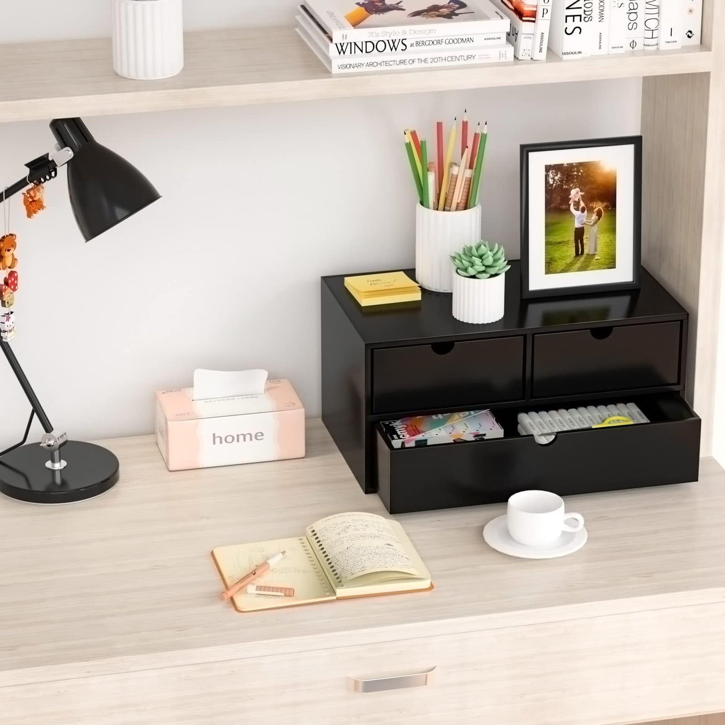 Wisuce Black Bamboo Desk Drawer Organizer, Mail Organizer Storage for Bills, Office Supplies, Cosmetics, Seals, Kitchen Utensils, No Assembly Required