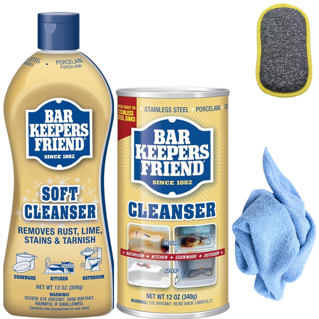 Bar Keepers Friend Soft Cleanser 13 Oz + Bar Keepers Friend Cleanser Powder 12 Oz + Microfiber Scrubber + Microfiber Cloth = Cleaning Bundle