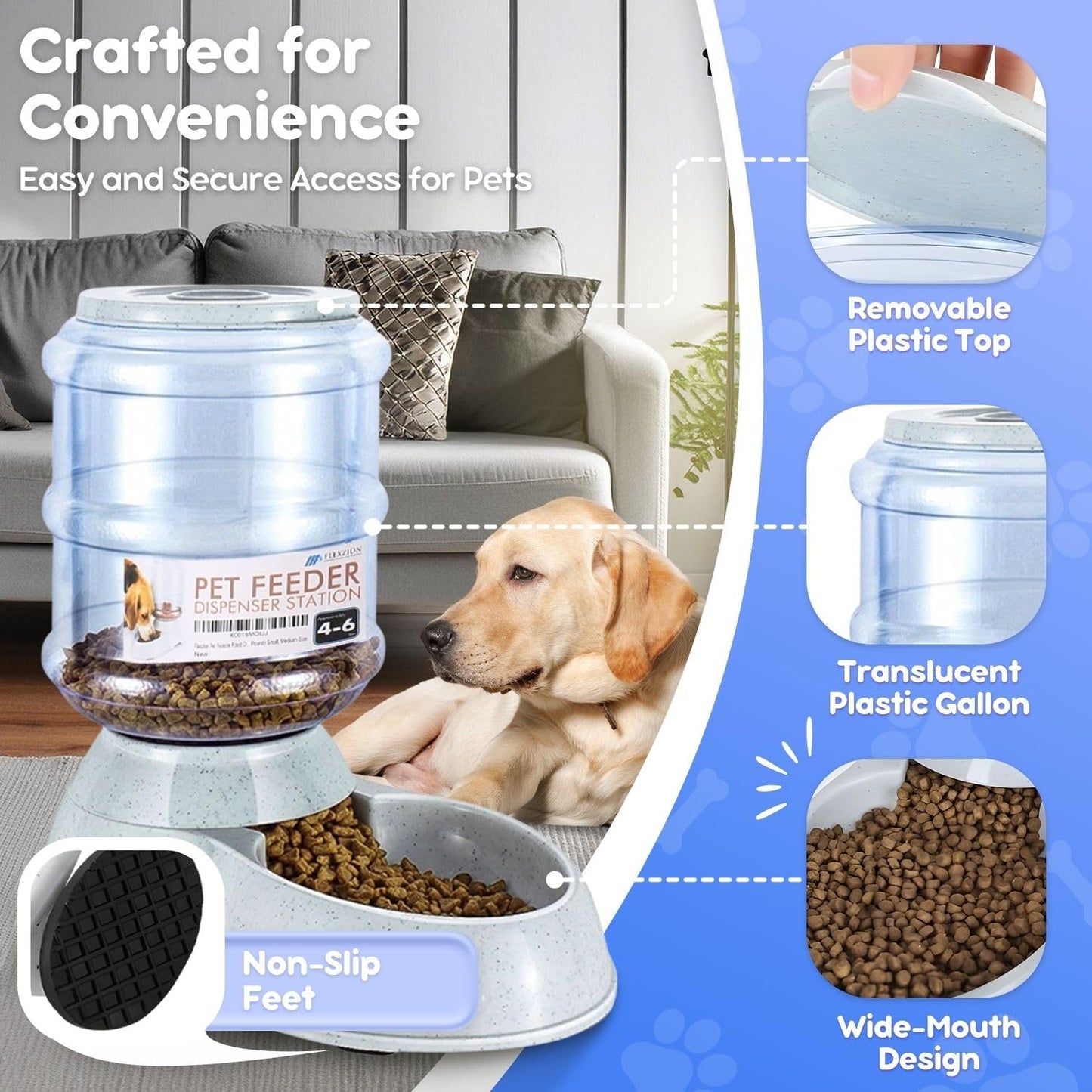 Flexzion Gravity Dog Feeder, Automatic Replenish Large Dog Food Dispenser, Non-Skid, Easy-Clean, Large Capacity Dry Food Storage Bowl for Large Pet, 1 Gallon