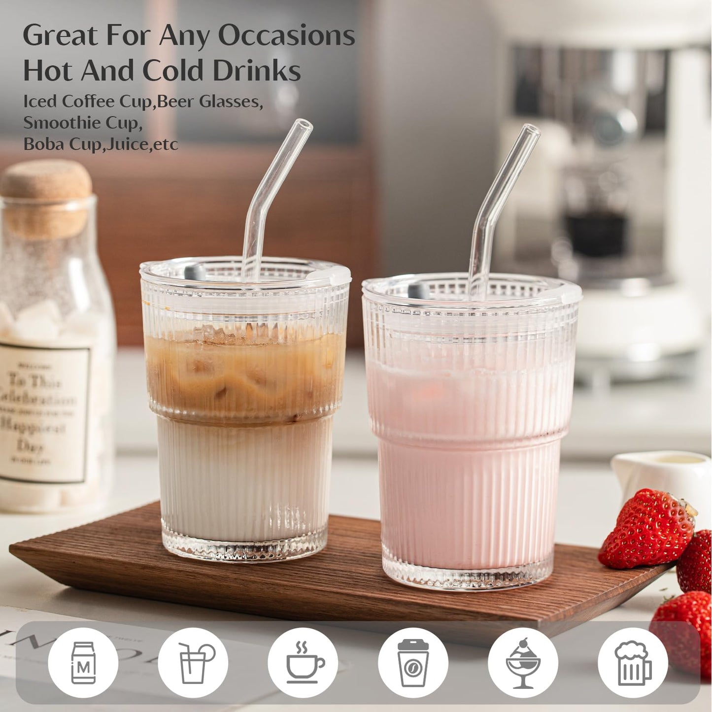 INSETLAN 13oz Glass Tumbler with Lid and Straw 4 Pack - Ribbed Glass Cup Iced Coffee Glasses, Clear Leakproof Tumbler Cup for Smoothies, Iced Latte,Matcha, Cold Drinks