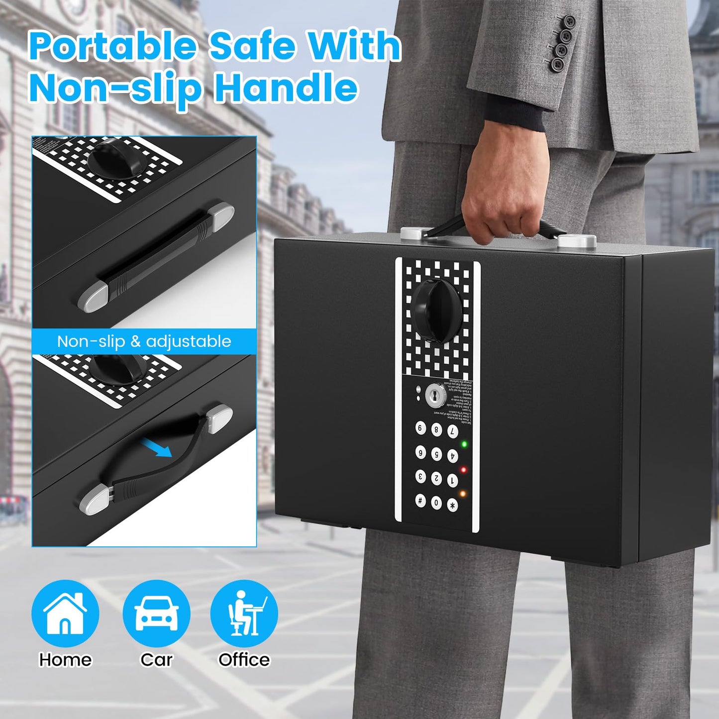 GUVELI Portable Safe Box for Home with Alarm and Silent Modes, Digital Home Safes Money Safe Box with Hand Grip, Lock Box Storage Fireproof Document Box for Money Medicine Jewelry A4 Document