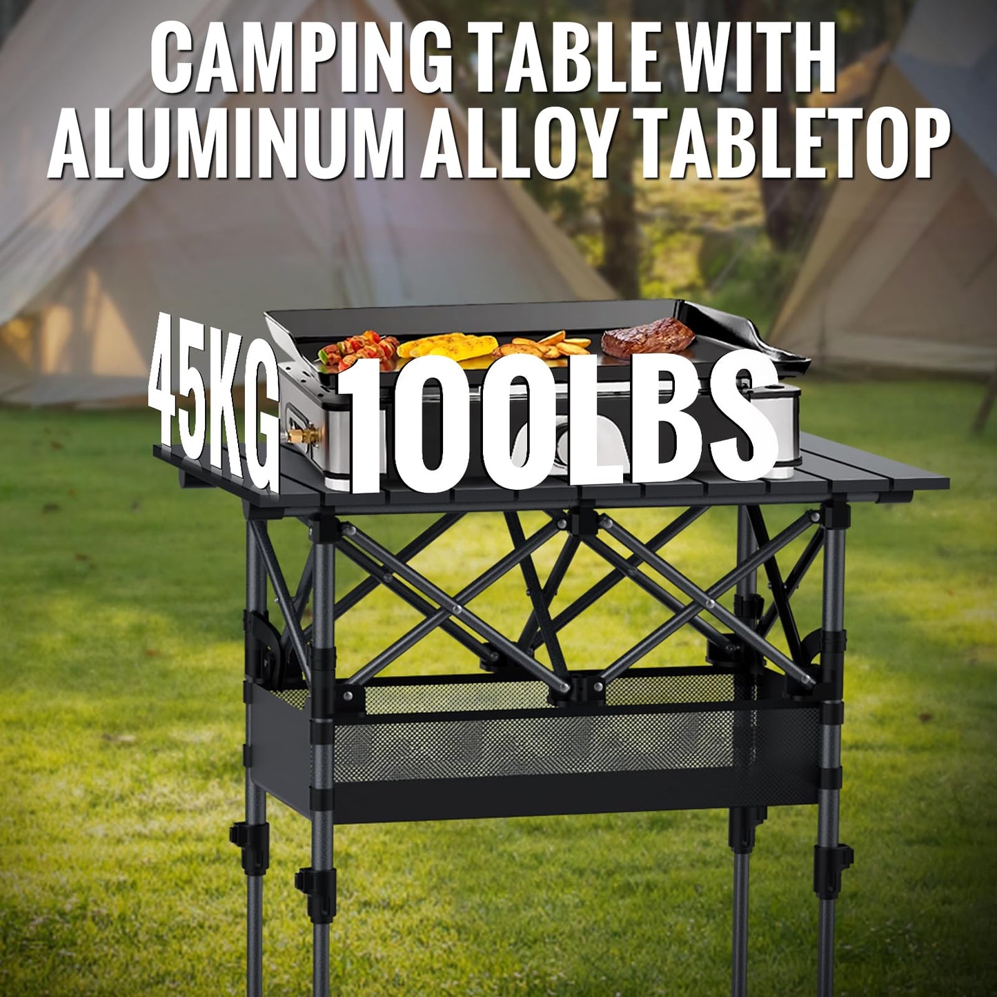 GARLLEN Folding Camping Table Max Height 70cm, Portable Roll-up Picnic Table with 2 Adjustable Height, Aluminum Outdoor Table with Storage Net & Carrying Bag for Camping, Picnic, BBQ, L25.2 x W15.7