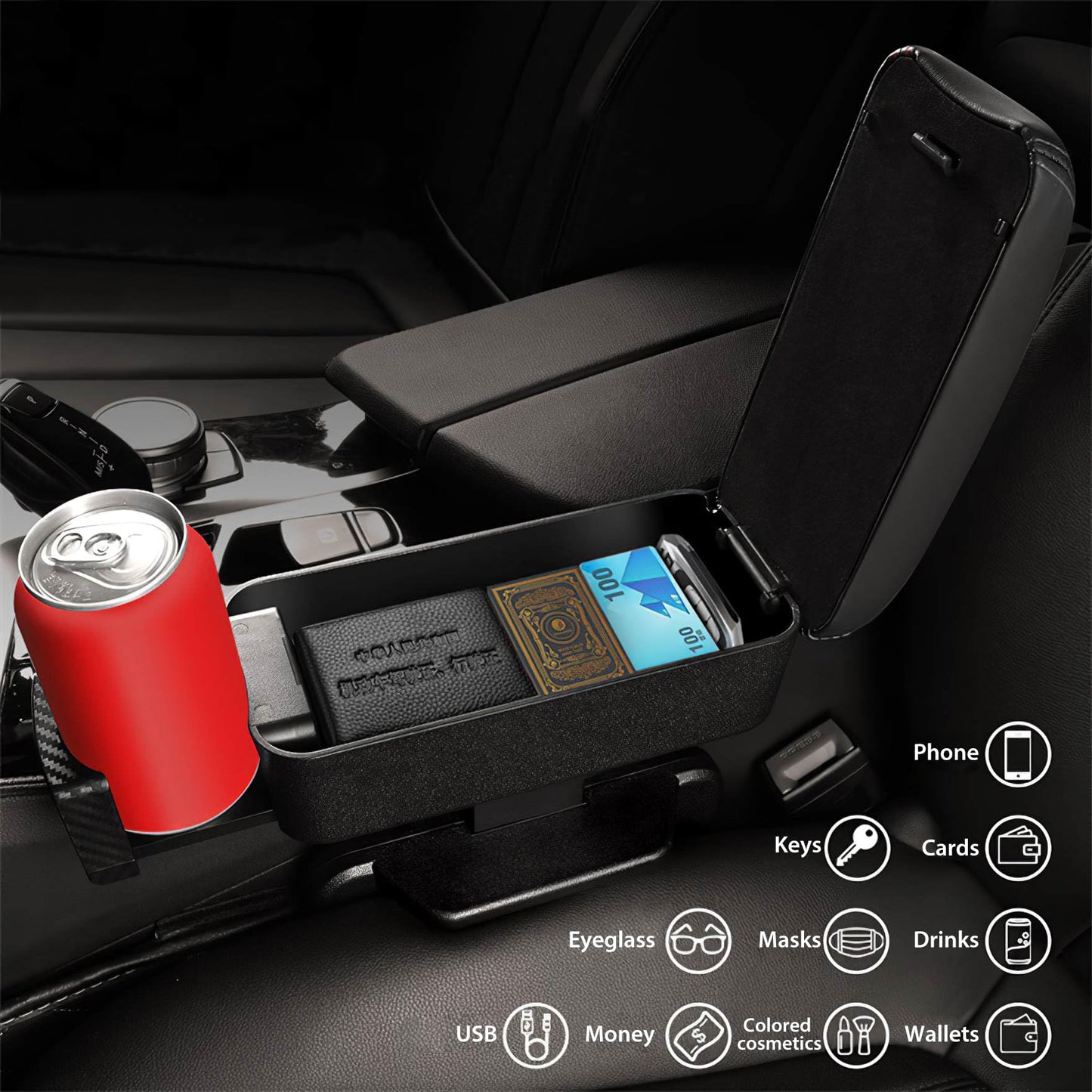 Car Armrest Storage Box with Cup Holder, Adjustable Height Elbow Support Arm Rest Box Pad, Center Console Organizer for Most Vehicles