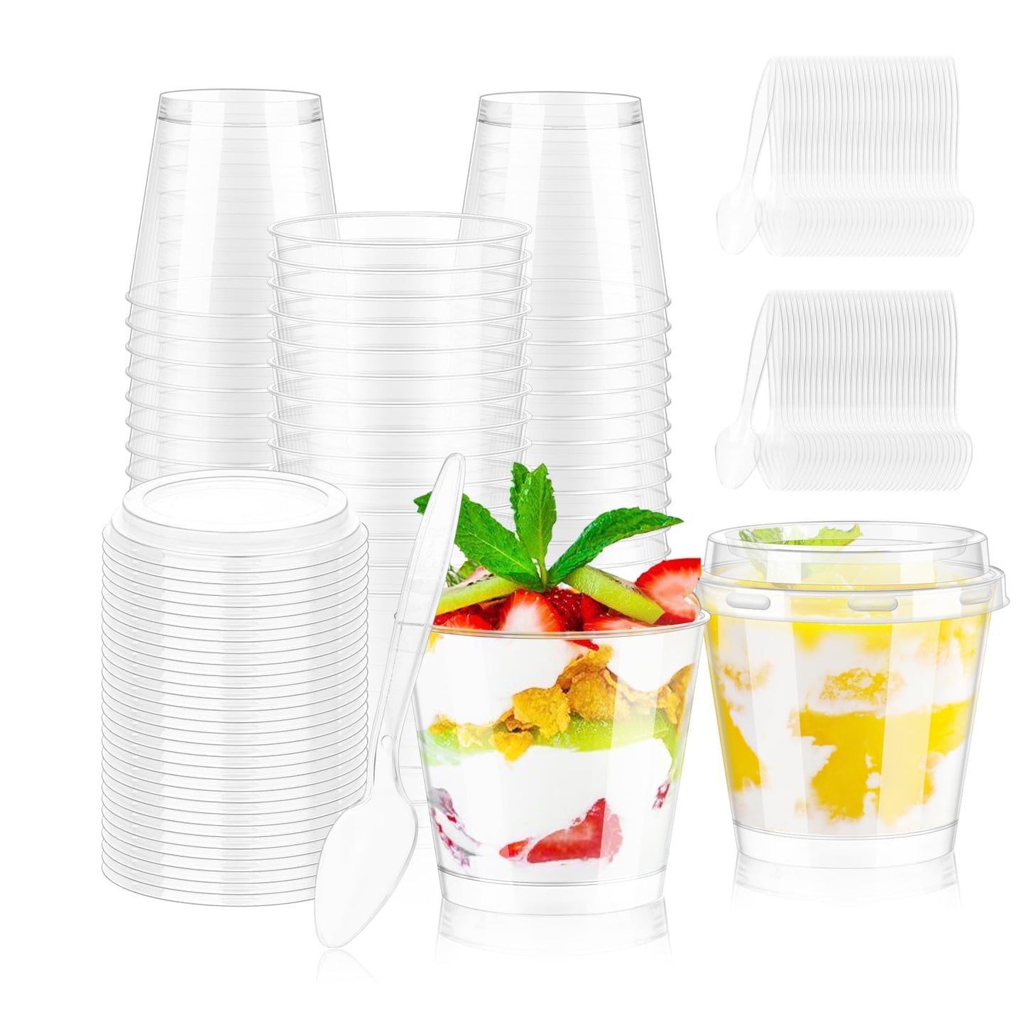 100 Pack Dessert Cups with Lids and Spoons, 7 OZ Mini Clear Plastic Dessert Parfait Cup for Party Small Round Serving Appetizer Cups Disposable Fruit Ice Cream Pudding Yogurt Jello Shot Cake Cup Bowls