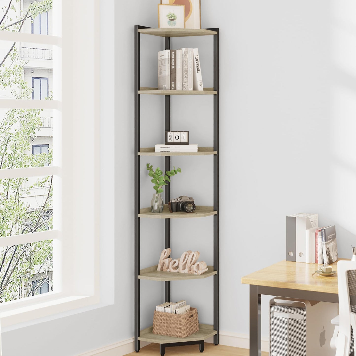 Hzuaneri Corner Shelf Stand, Corner Bookshelf, Storage Standing Shelf Unit with Metal Frame, Plant Stand, Corner Bookcase for Living Room, Home Office, Bedroom, 6-Tier Greige CS06005B