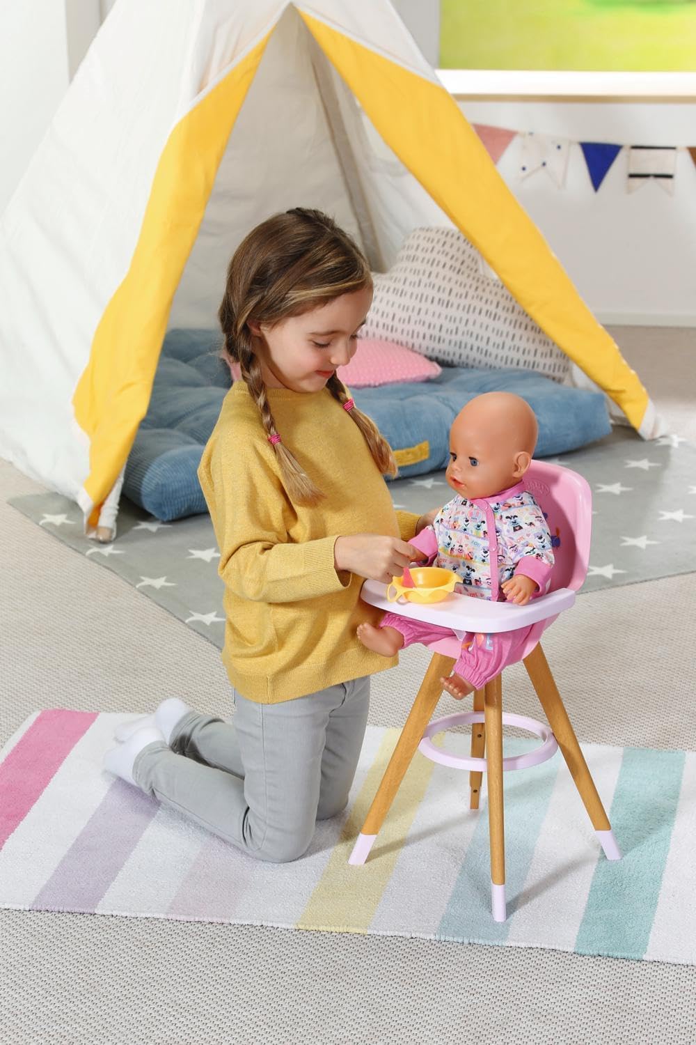 Baby Born High Chair – Doll Feeding Chair with Scandinavian Design – Wood-Look Legs & Pink Seat – Fits Baby Born & Other Dolls – Ages 3+