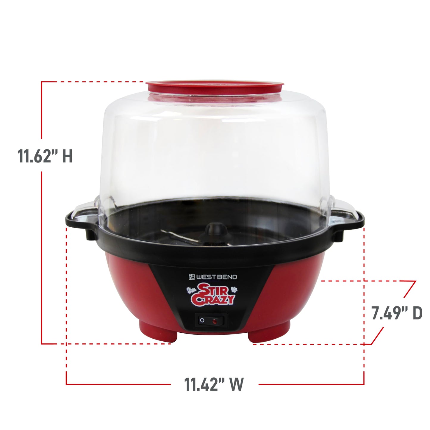 West Bend 82505 Stir Crazy Electric Hot Oil Popcorn Popper Machine with Stirring Rod Offers Large Lid for Serving Bowl and Convenient Storage, 6-quart, Red