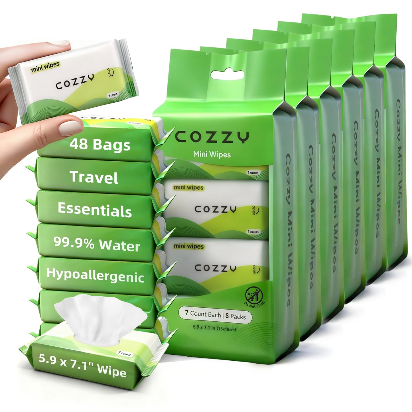 COZZY Ultra-Compact Mini Travel Wipes - Gentle & Skin-Friendly, Unscented, Alcohol-Free, Paraben-Free - Ideal for Adults, Kids & Babies - 48 Packs (336 Total Wipes)