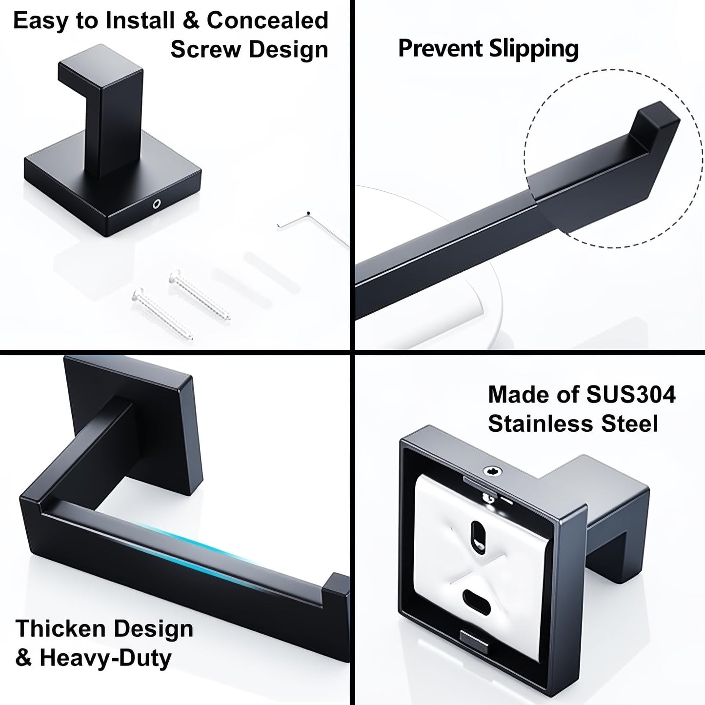 5-Piece Black Bathroom Hardware Accessories Set - 60cm/24inch Towel Bar, Toilet Paper Holder, 27cm Hand Towel Holder, 2 Wall Hooks, SUS304 Stainless Steel Bath Towel Bars Set, Screw-in Towel Racks Set