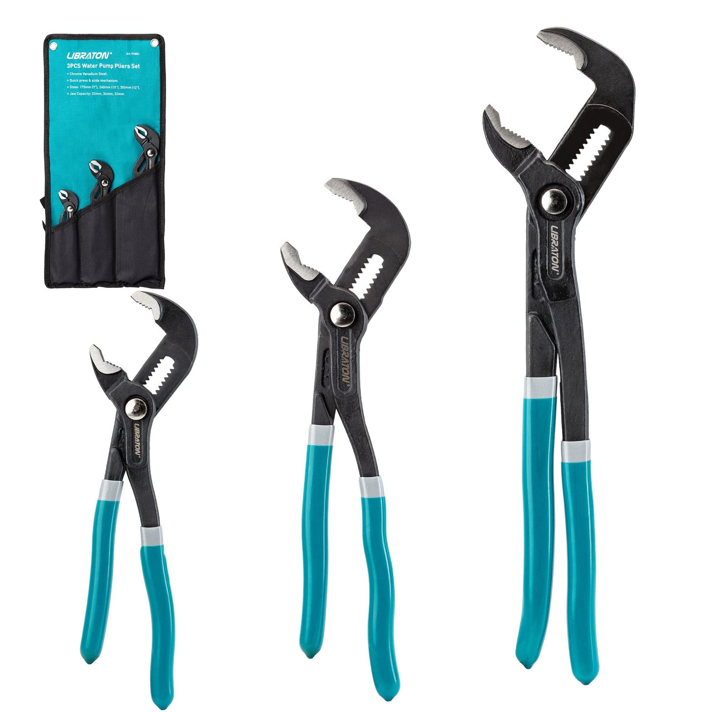 Libraton Water Pump Pliers, Groove Joint Pliers Set, V-Jaw Tongue and Groove Pliers in CR-V Steel, 3PCS Plumbing Pliers, Ratcheting Push Button Adjustment Mechanism