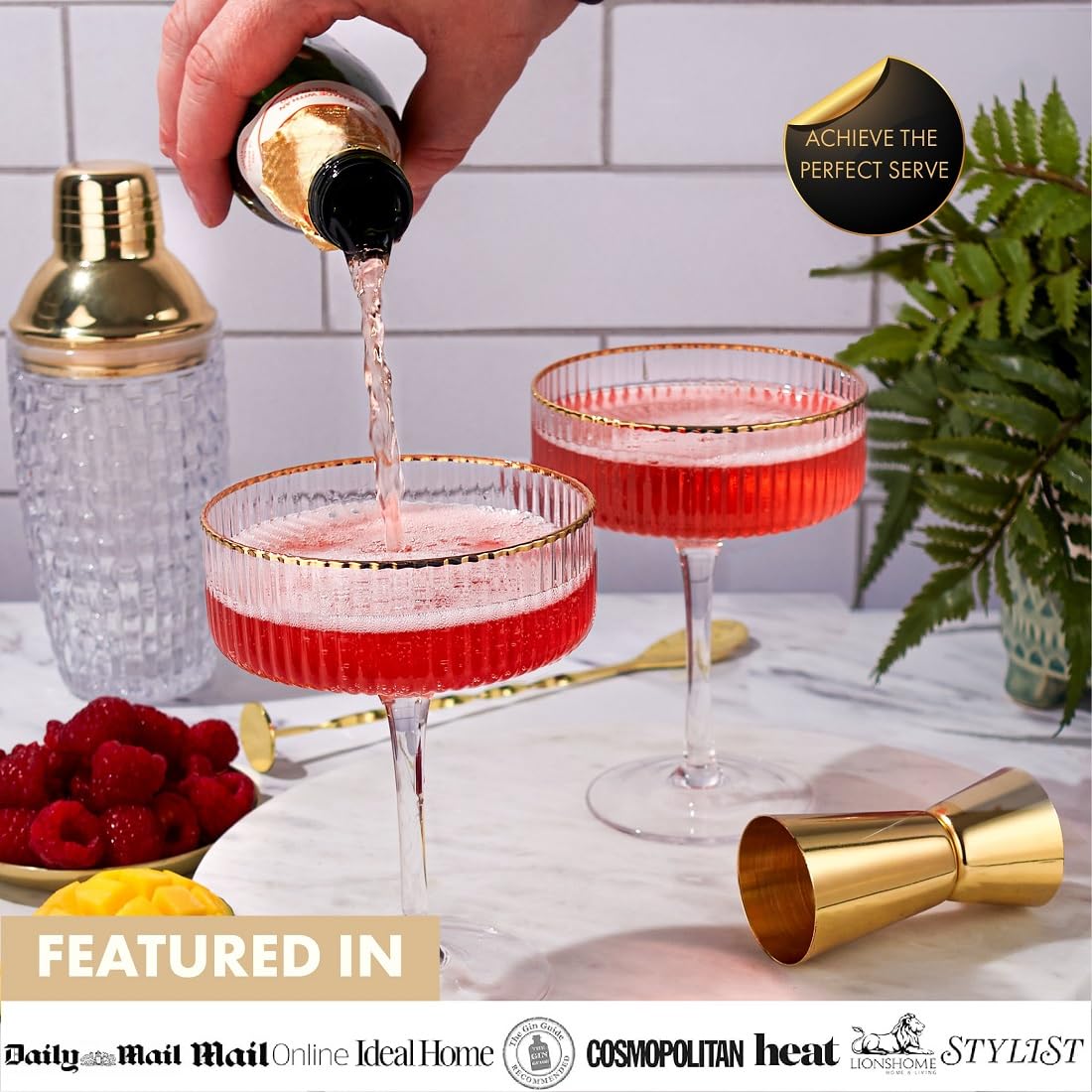 Vemacity Ribbed Espresso Martini Glasses Set of 4 with Gold Rims, Bar Spoon & Jigger | Coupe Cocktail Glass | Champagne Saucers | Ribbed Glassware | Coupe Glasses | Ideal for Martinis and Cocktails