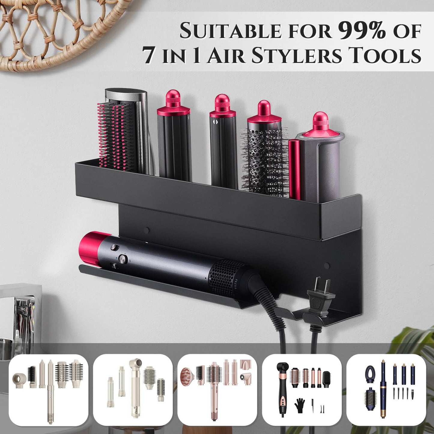 Hair Dryer Holder Wall Mount for Curling Iron Accessories, Hair Straightener Holder Black Hair Tool Organizer Blow Dryer Storage Rack for Home Bathroom Bedroom