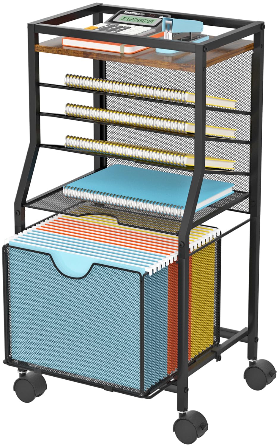 BOHDK Rolling File Cart, 6-Tier Under Desk Organizer on Lockable Wheels, Brown Wood Planks & Mesh File Cart with Sliding Drawer and Paper Trays for Office Home School, Brown Board