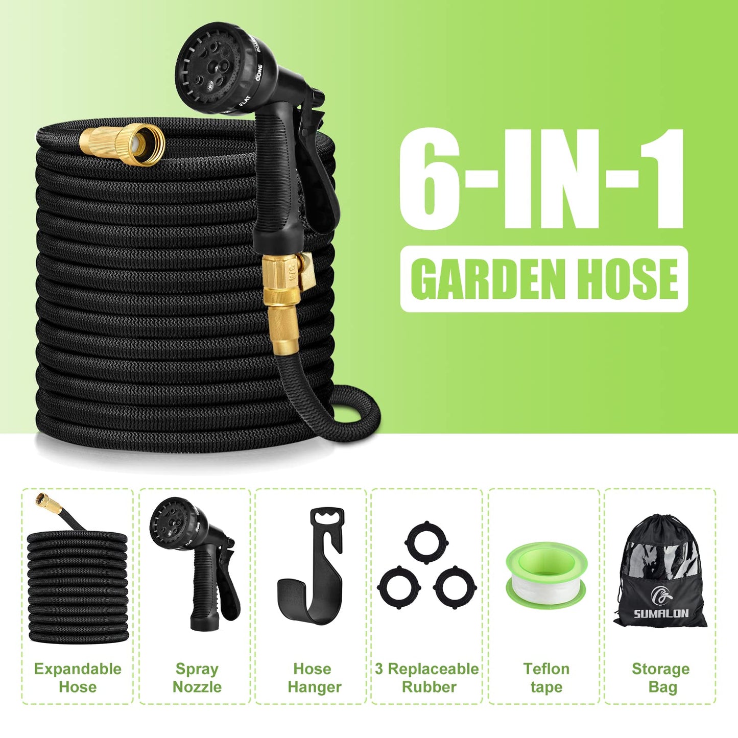 Garden Hose 100ft, Lightweight Kink Free Expandable Water Hose with 8 Function Spray Nozzle and Solid Brass Fittings, 3-Layer Latex Core Retractable Hose