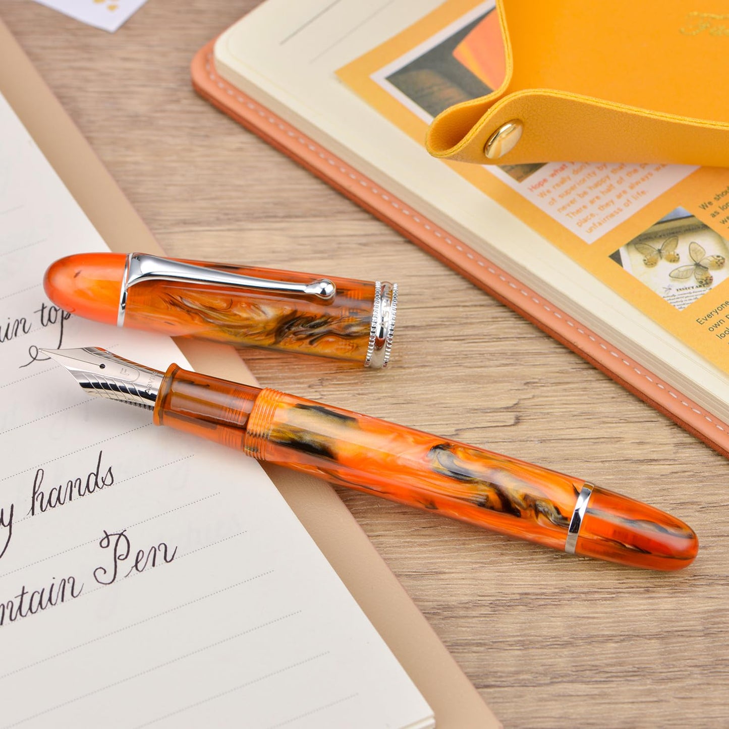 Asvine V800 Fountain Pen, Vacuum Filling System with Large Ink Capacity, Number 8 Nib, 1.1mm Nib, Calligraphy Art Drawing with Key, Amber