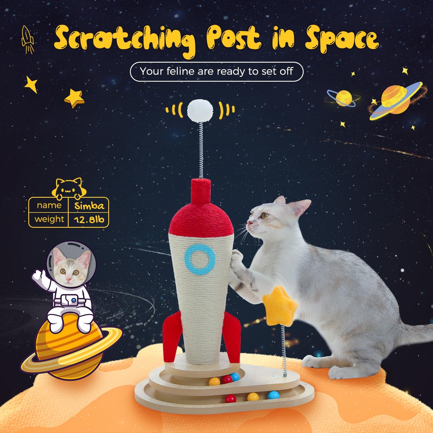 PEQULTI Rocket Design Cat Scratching Post, 24.8 Inches, Great Cat Scratching Structure for Indoor Cats with Cat Toy, Blue & White