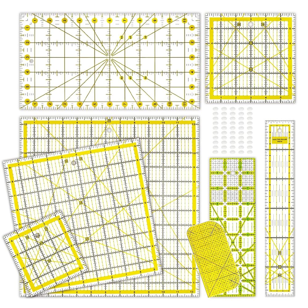 8 Pack Acrylic Quilting Ruler,Fabric Cutting Ruler,Clear Mark with Double Colored Grid Lines, for Quilting, Sewing & Crafts Template, with Non Slip Rings 50 Pieces
