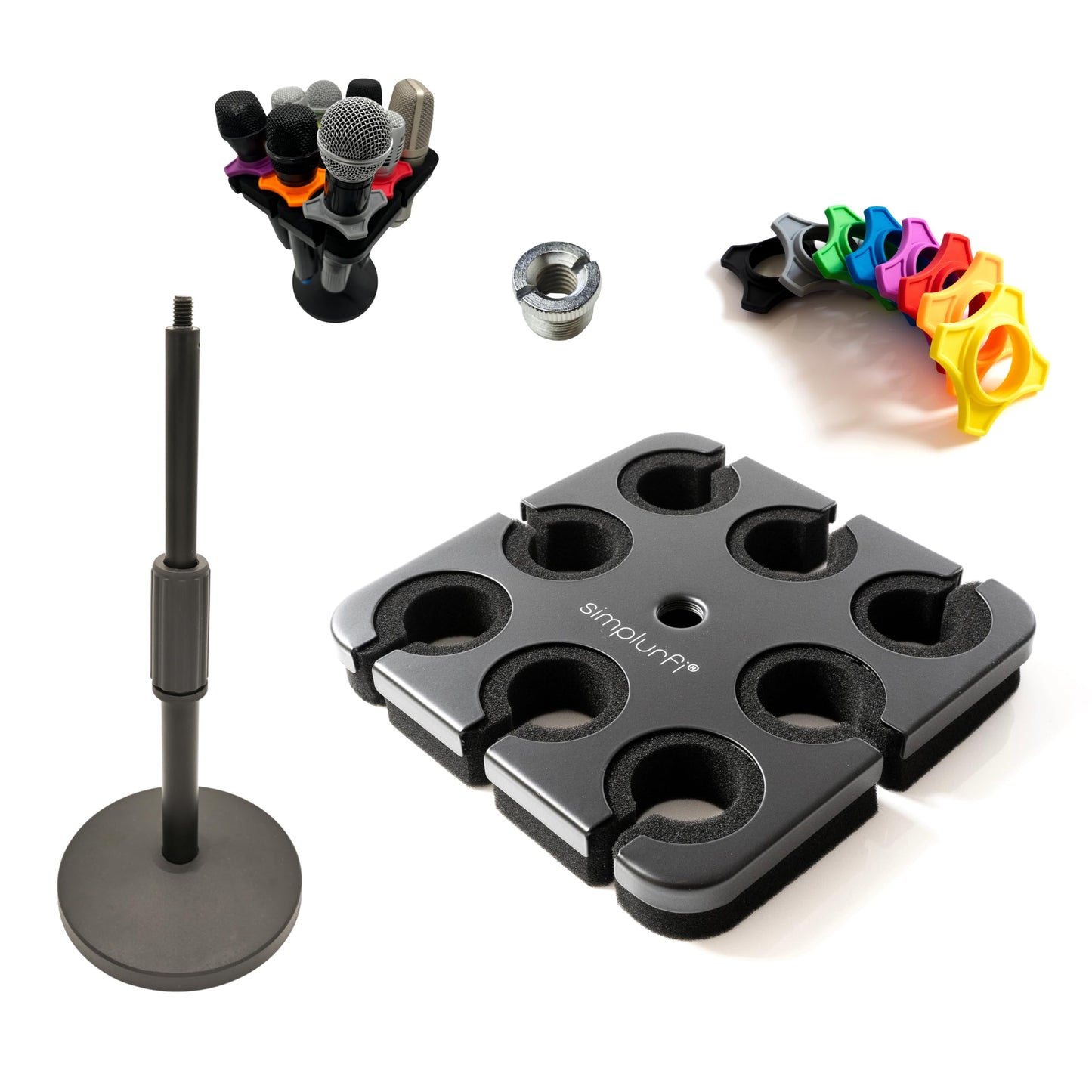 Simplurfi Multi Microphone Holder with Desktop Mic Stand - Square Tray Attachment holds up to 8 mics On Stage Organizer and Display - 8 Anti-roll Rings Included