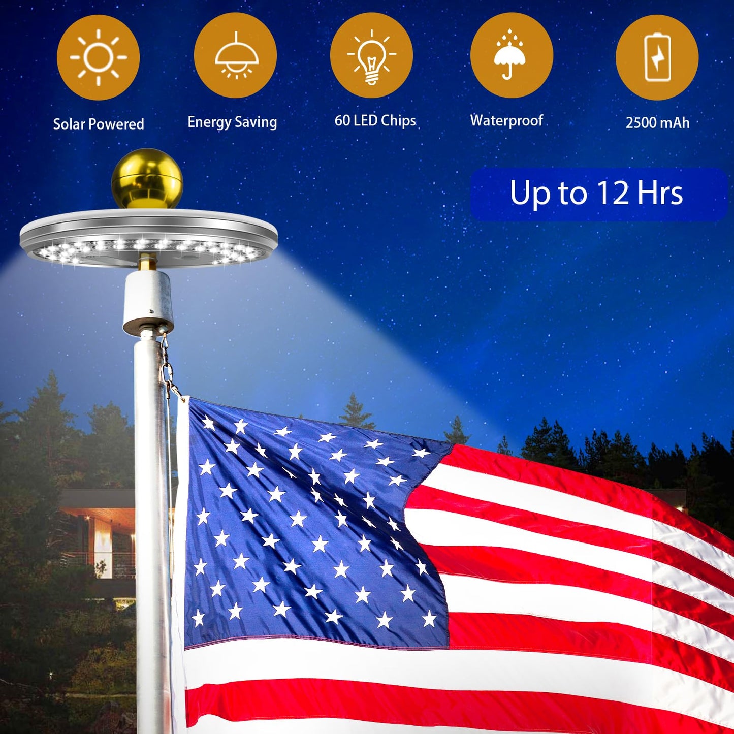 GULADUS Solar Flag Pole Light, 60 LEDs Flag Pole Light Solar Powered, 1800 Lumen, IP65 Waterproof, Dusk to Dawn, 100% Flag Coverage for 15 to 25Ft flagpoles, Deluxe Silver