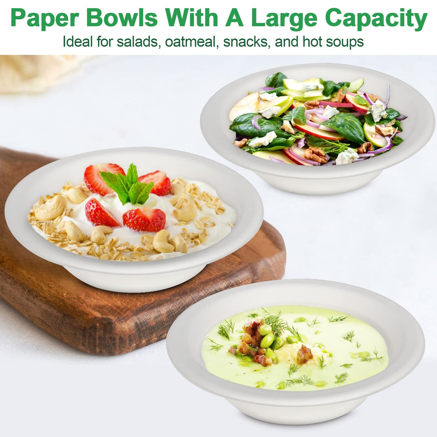 Paper Bowls Disposable 20 oz: 150 Pack Compostable Paper Bowls, Heavy Duty Disposable Bowls for Hot Soup, Salad, Ice Cream, Biodegradable Bowls Made Of White Sugarcane