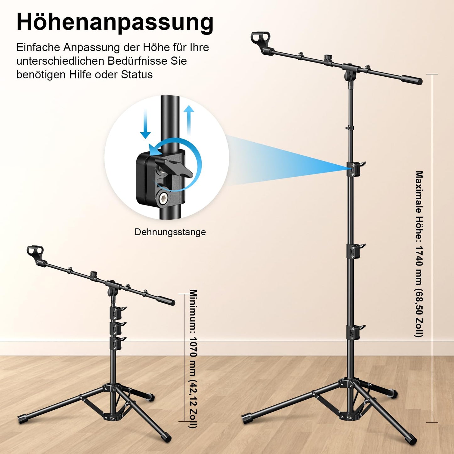 Microphone Stand, Tripod Boom Arm Floor Mic Stand Height Adjustable Heavy Duty with Carrying Bag 2 Mic Clips 3/8" to 5/8" Adapter for Singing Podcast for Blue Yeti Shure SM58 SM48 Samson Q2U