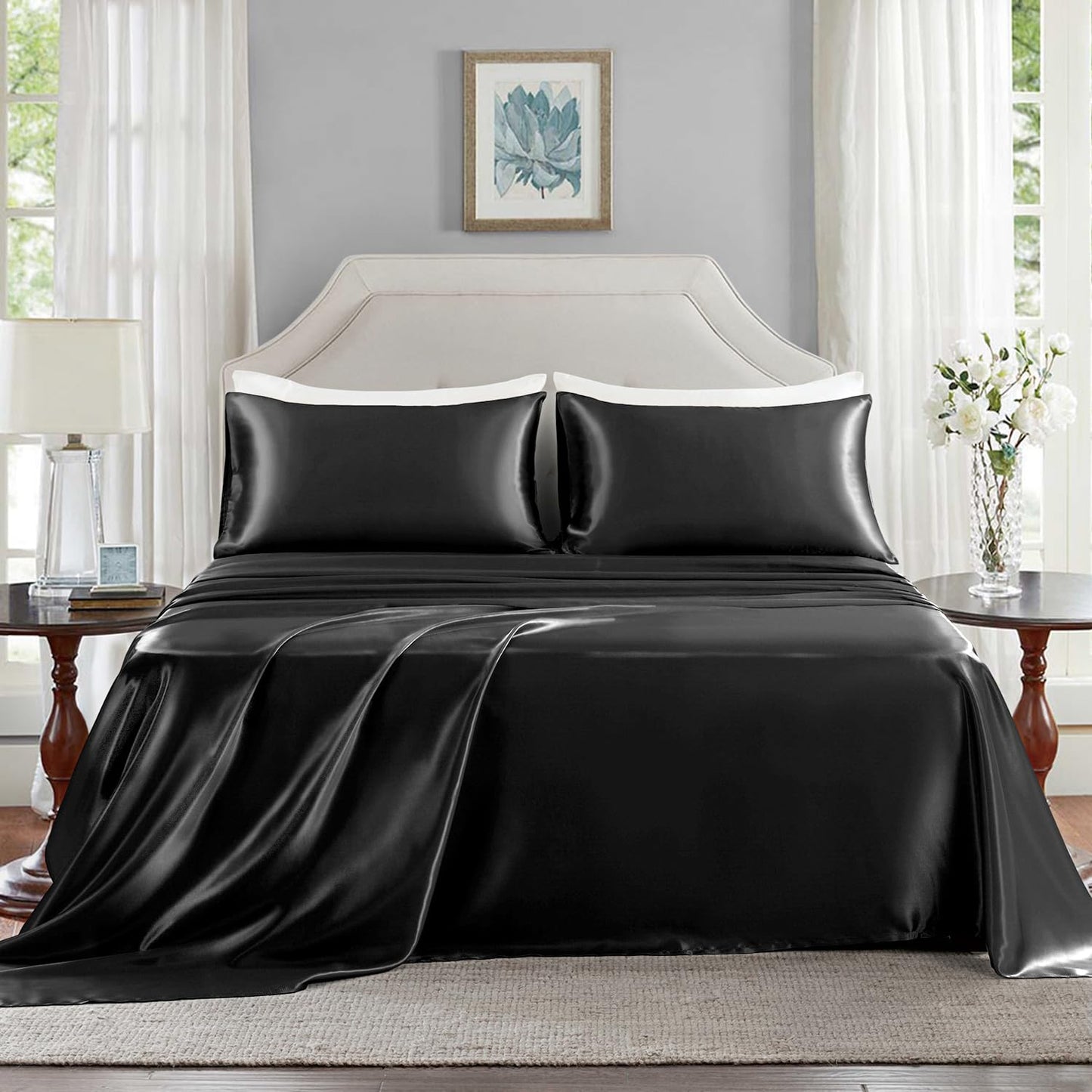 GOLAL Satin Sheets Queen Size - 4 Pieces Luxury Silky Soft Bed Sheets, Wrinkle-Free Black Satin Silk Sheet Set with 1 Deep Pocket Fitted Sheet, 1 Flat Sheet, 2 Pillow Cases