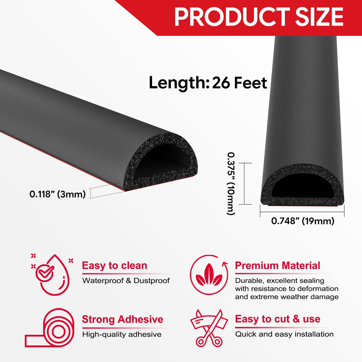 UIOCSSC 26 Feet D-Shaped EPDM Rubber Weather Stripping Door Seal, Red, W:0.75"; H:0.375" for Door and Window, RV, Boat, Auto, Truck, Marine