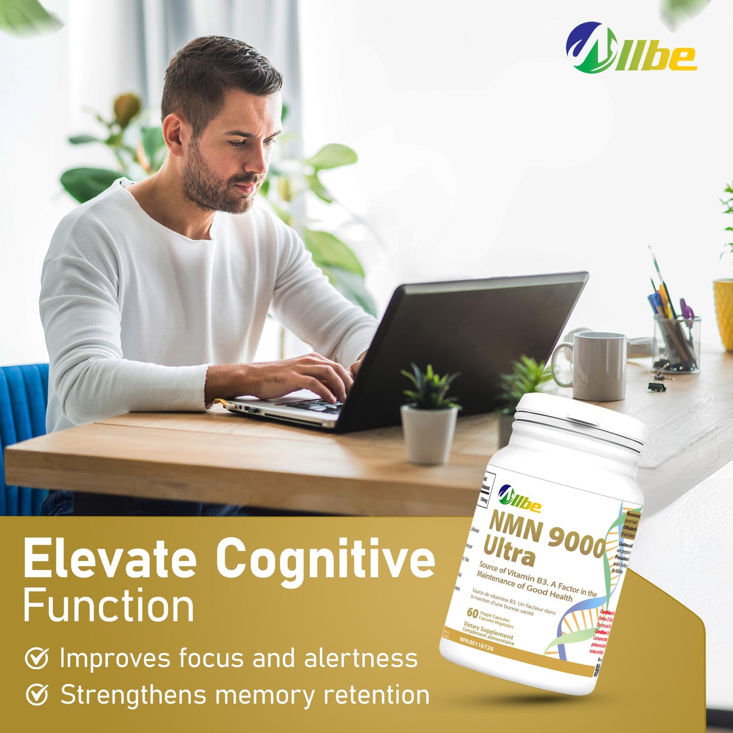 ALLBE NMN 9000 Ultra Capsules - NAD Supplement Canada for Cellular Energy Metabolism, Repair, Immunity and Healthy Ageing - Shelf Stable Nicotinamide Mononucleotide 150 mg Servings - (Pack of 2, 1x60 Capsules)