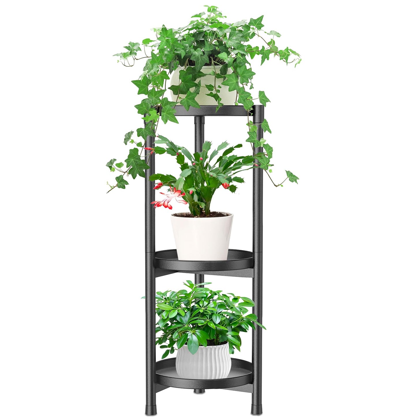MeyRolizn 3 Tiered Plant Stand Indoor Outdoor, Metal Corner Plant Stand Plant Shelf Tables, Heavy Duty Flower Shelf Display Rack for Indoor Living Balcony Patio Garden Bedroom Classroom, Black (Black-A)