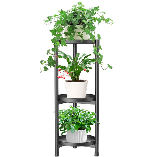 MeyRolizn 3 Tiered Plant Stand Indoor Outdoor, Metal Corner Plant Stand Plant Shelf Tables, Heavy Duty Flower Shelf Display Rack for Indoor Living Balcony Patio Garden Bedroom Classroom, Black (Black-A)
