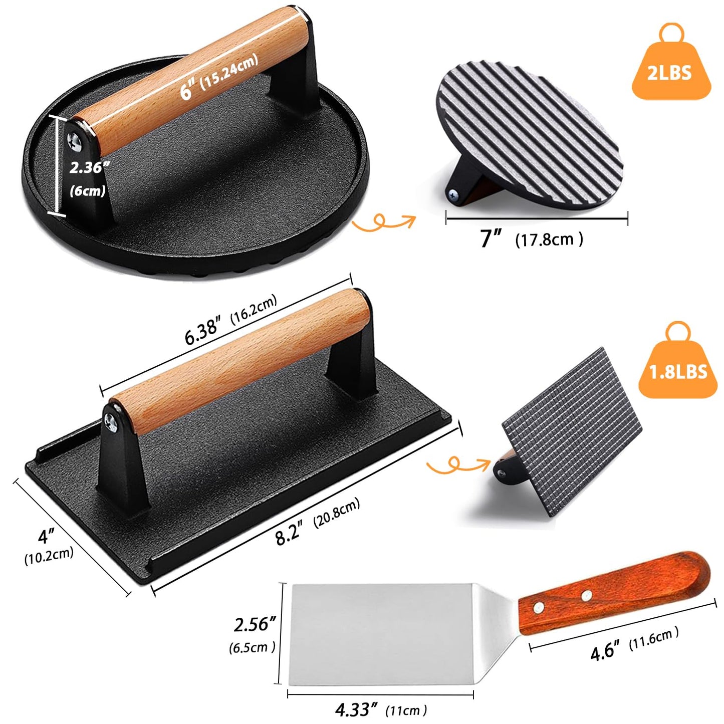Smash Burger Press kit - 2 lb Round & 1.8 lb Rectangle Cast Iron Burger Press - Griddle Spatula - 3 in 1 Hamburger Patty Maker - 50 Patty Papers, Bacon Press with Wood Handle for BBQ Grill Accessories