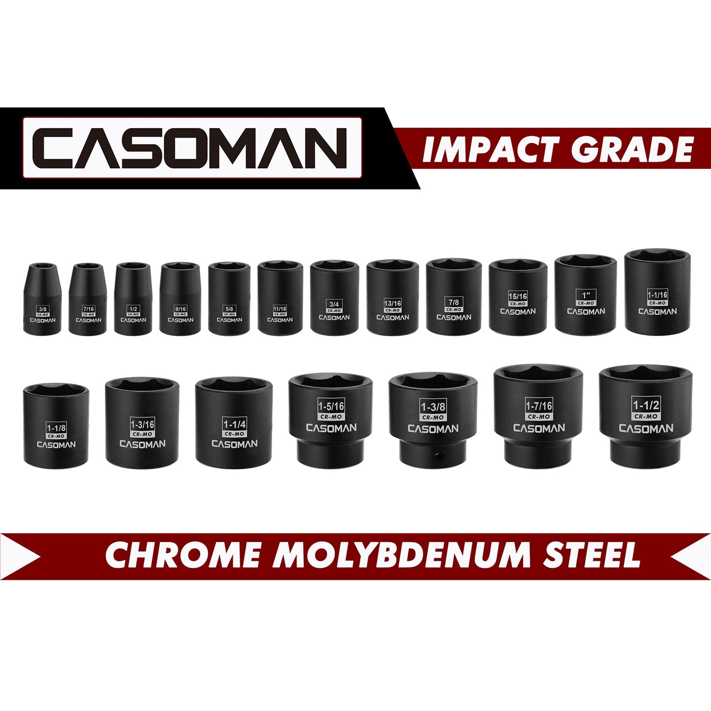 CASOMAN 19 Piece 1/2-Inch Drive Standard Impact Socket Set, SAE, Shallow, 3/8" to 1-1/2", Cr-Mo Alloy Steel, Radius Corner Design, Impact Grade