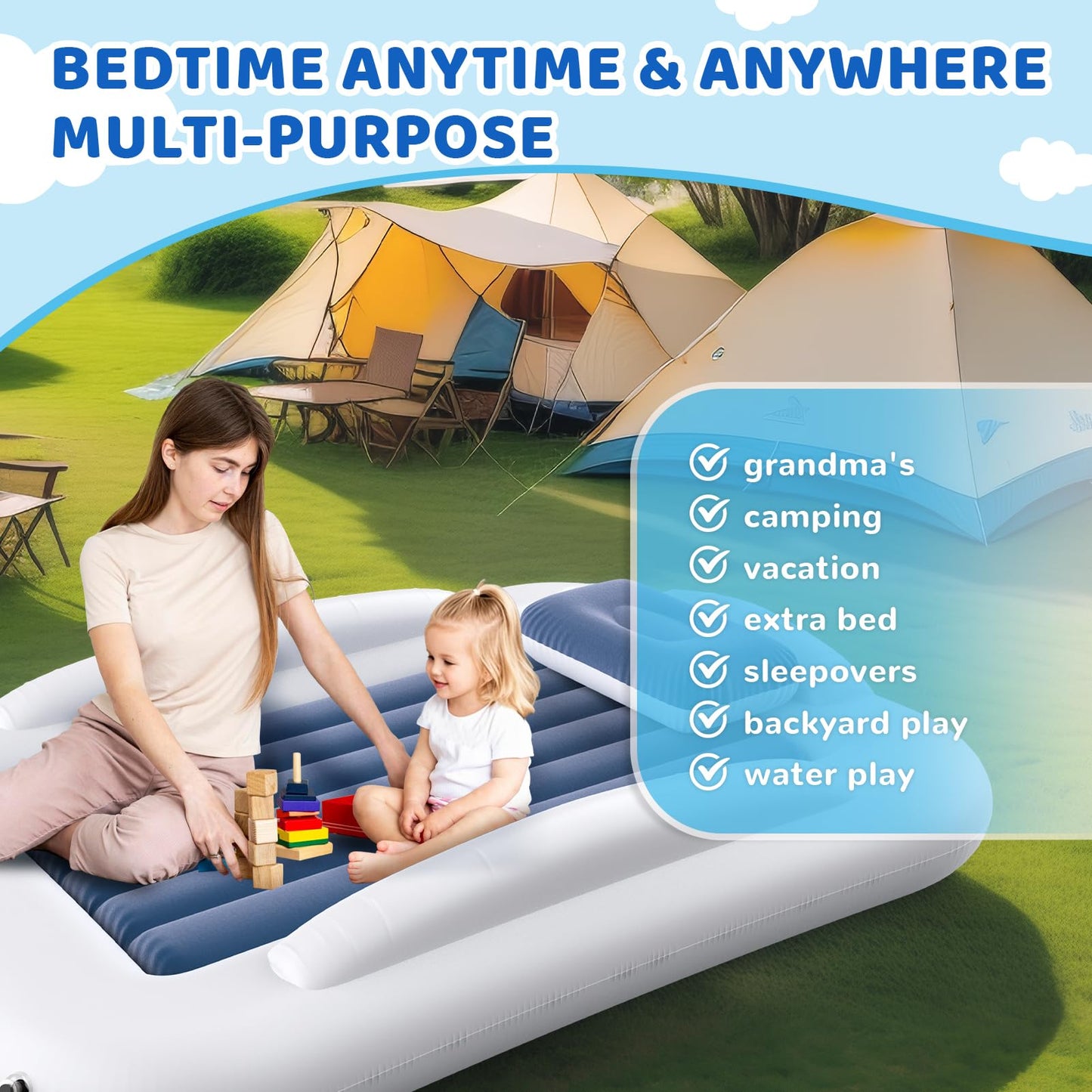 Deeteck Inflatable Toddler Travel Bed - 60 Inches Portable Toddler Bed for Travel with Safety Sides - Cozy Kids Air Mattress Set with High-Speed Pump & Carry Case - Lightweight & Easy to Inflate -Blue