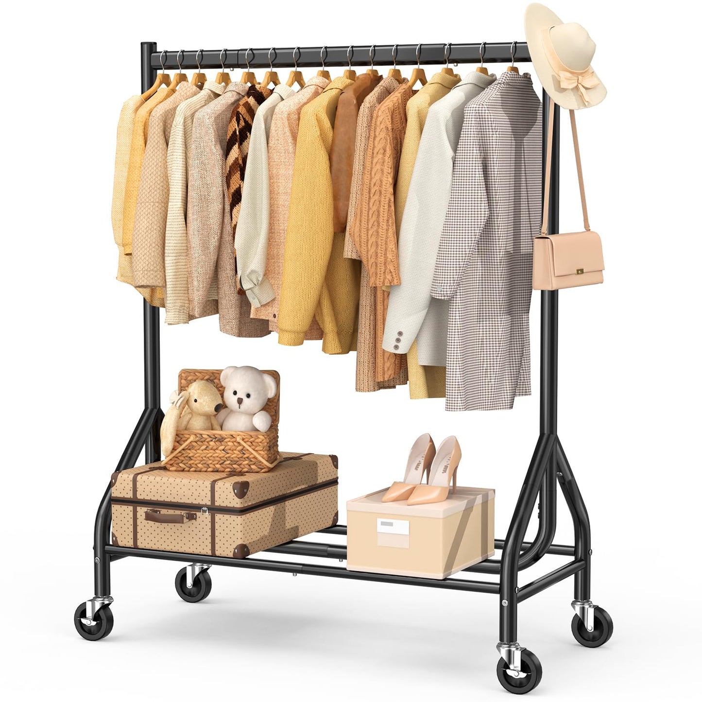 EAGMAK Heavy Duty Clothes Rack Load 420 LBS, Rolling Garment Rack with Lockable Wheels, Standing Metal Clothing Hanger, Portable Wardrobe Sturdy Coat Organizer for Hanging Clothes (Black)