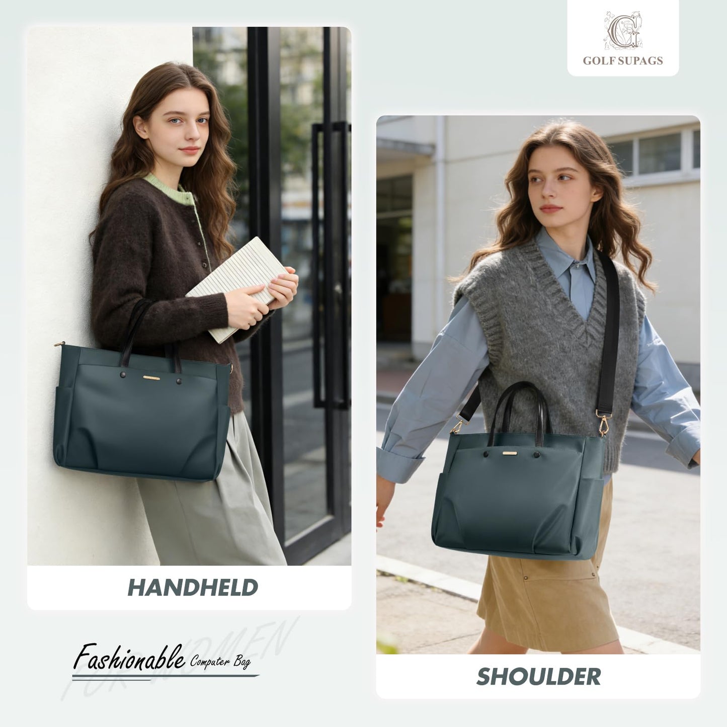Laptop Tote Bag 15 Inch, Computer Shoulder Bag Large Work Tote Bag for Women, Laptop Carrying Case Stylish Handbag for Business Travel (Atrovirens)