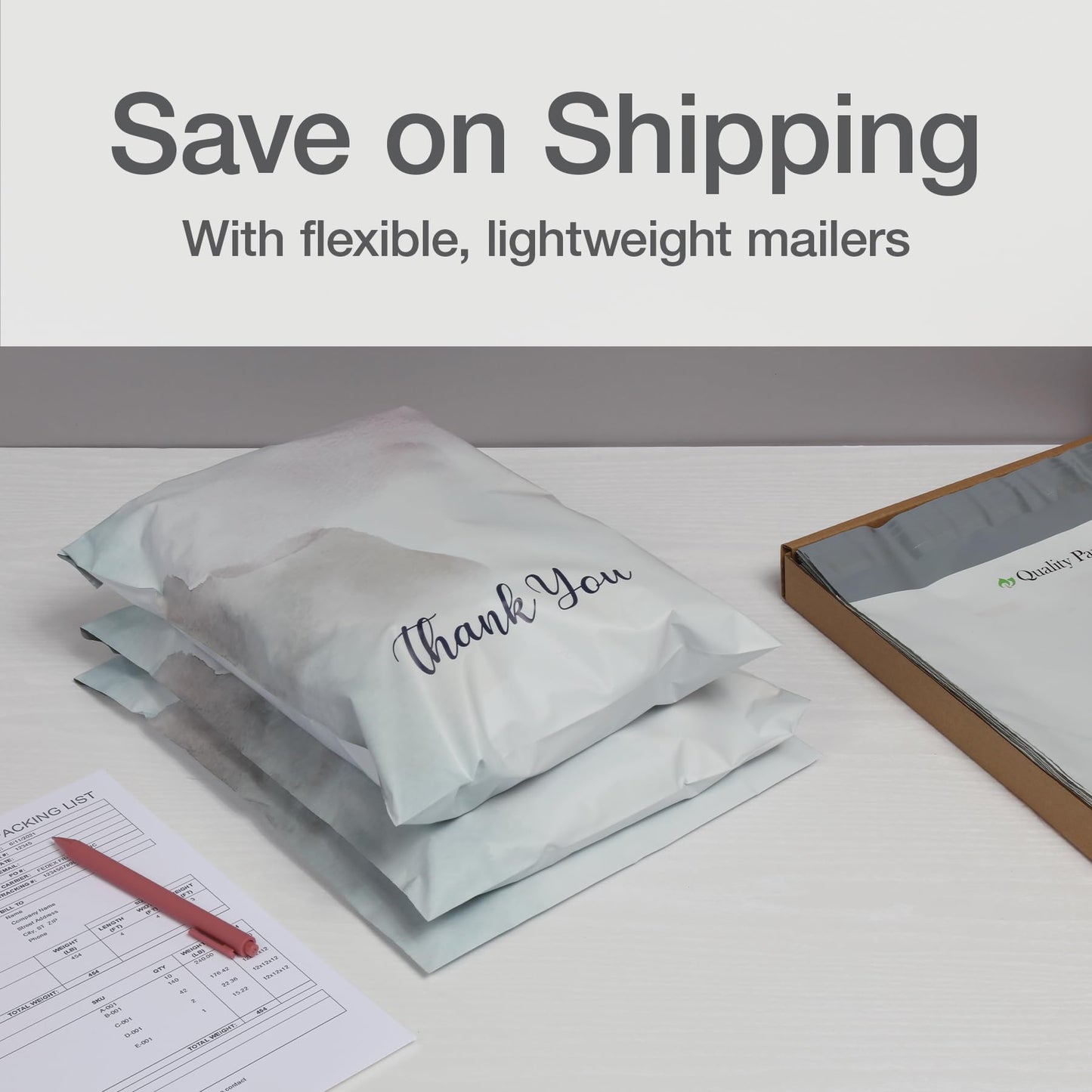 Quality Park Thank You Poly Mailers, 10 x13 Inch Shipping Envelopes, 100 Pack, Self Seal, Waterproof Shipping Bags for Clothing, Watercolor (QUA89302)