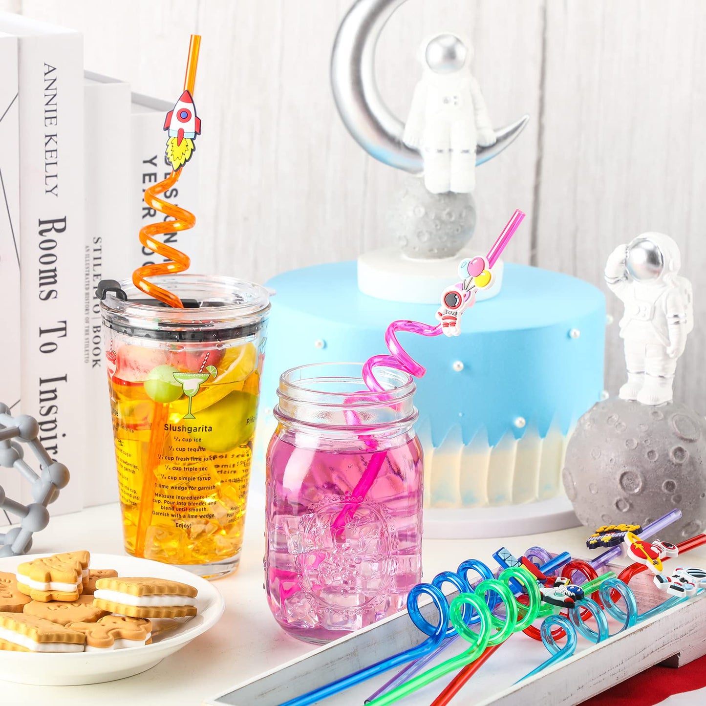 24 Pcs Outer Space Straws Party Favors Reusable Plastic Solar System Rocket Spaceship Astronaut Satellite Planet Straws for Space Theme Birthday Party Supplies Decorations