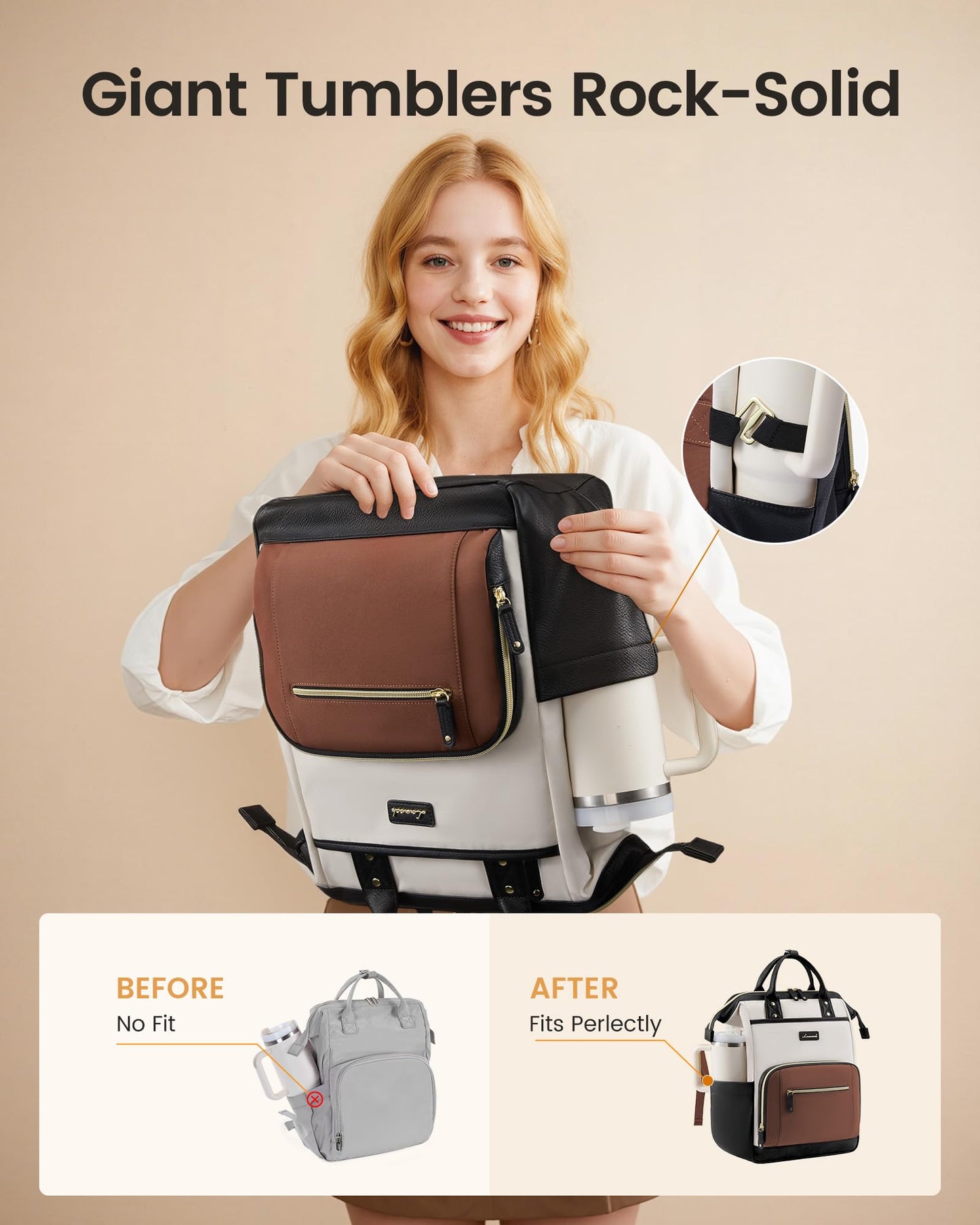 LOVEVOOK Laptop Backpack for Women, Beige-black-brown, 15.6 Inch, College Commuter Laptop Travel Work Computer Teacher Business Carry on Backpack