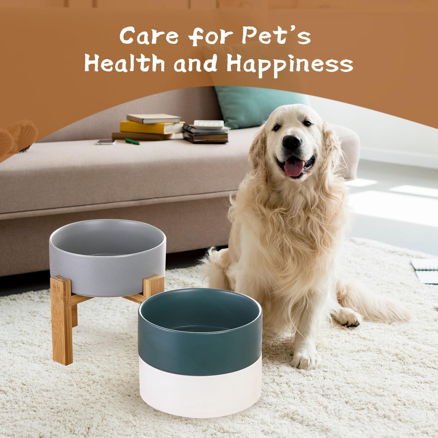 Elevated Dog Bowls for Large Dogs - Ceramic Raised Dog Bowl Stand - Dog Water Bowls and Food Dish - Heavy Weighted or No Tip Over Dog Comfort Food Bowls - Pet Bowl Extra High Capacity 8.4" Diameter